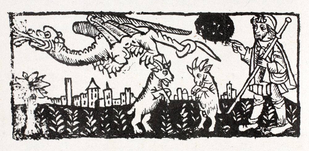 Un dragon, des chèvres enflammées sautant dans les airs, Le Chemin de Saint-Jacques - French School