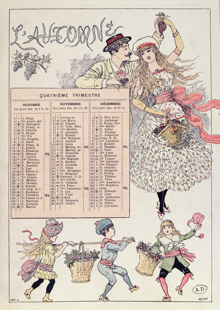 Calendrier pour l'automne de 1886, vers 1885