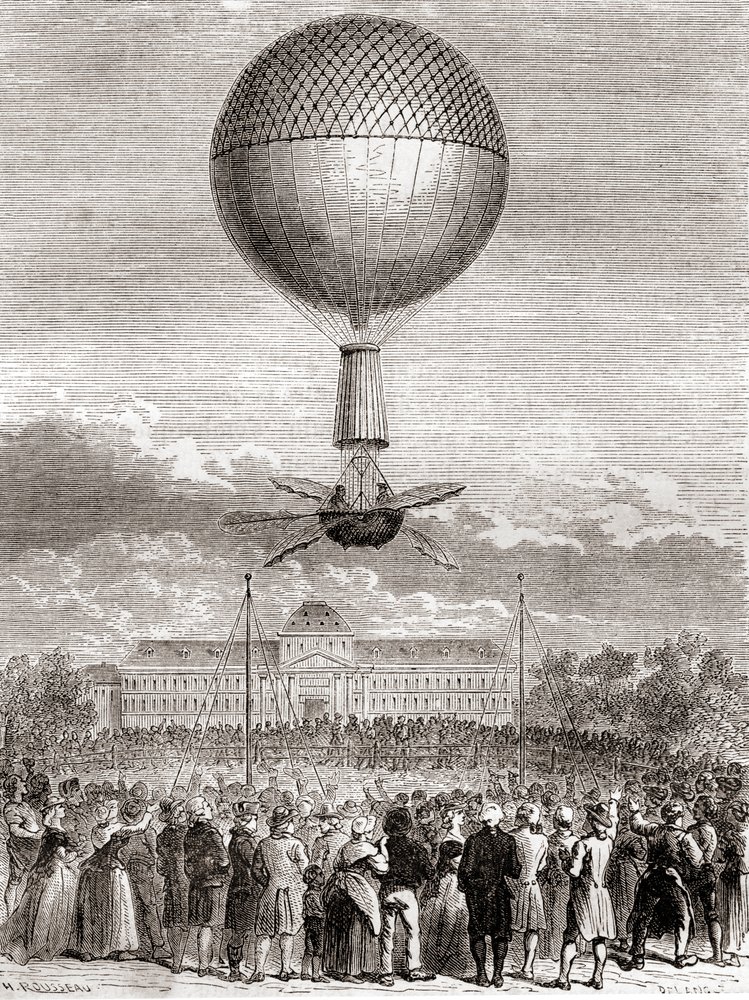 Le premier vol en ballon réussi de Jean-Pierre François Blanchard le 2 mars 1784, dans un ballon à gaz hydrogène lancé depuis le Champ de Mars, Paris, France, extrait de Les Merveilles de la Science, publié vers 1870 (gravure) - French School