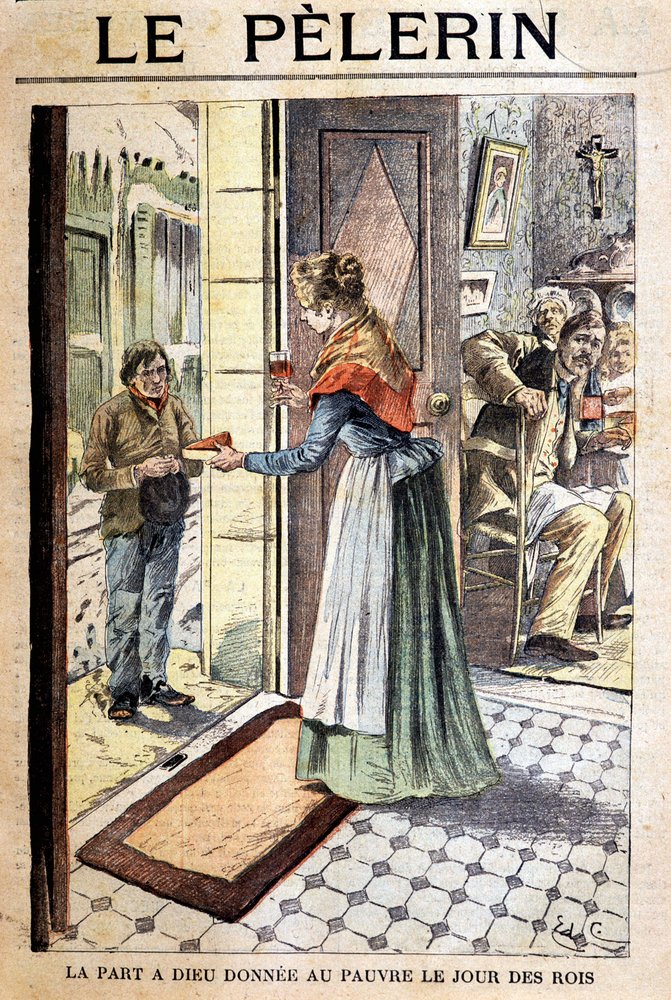 La part de Dieu donnée aux pauvres le jour des rois - dans "Le Pèlerin", début 20e s. (gravure) - French School
