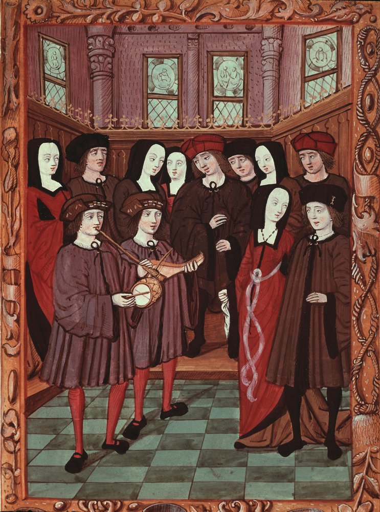 Jeune couple écoutant des musiciens, image d'un manuscrit français - French School