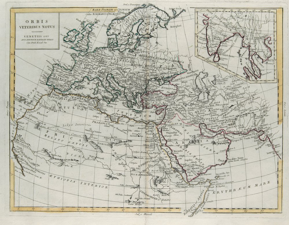 Monde connu des Anciens, gravure de G. Zuliani tirée du Tome IV du Nouvel Atlas publié à Venise en 1785 par Antonio Zatta, Collection Privée - G. Zuliani
