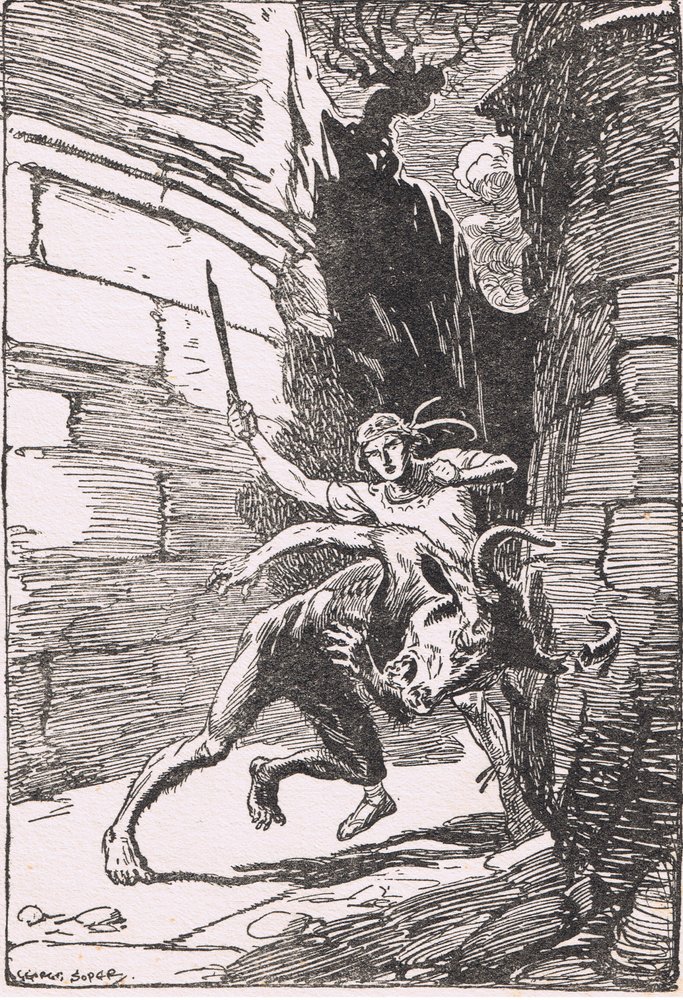 Le Minotaure : Le monstre dans sa première ruée contre Thésée, l