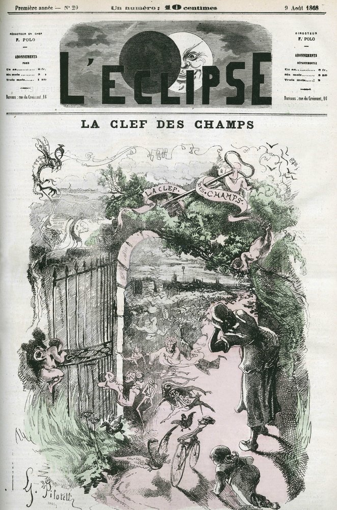 La clé des champs, illustration par Pilotel remplaçant le dessin de Gill "Justice et Vengeance poursuivant le crime", censuré par la police. Couverture dans "L