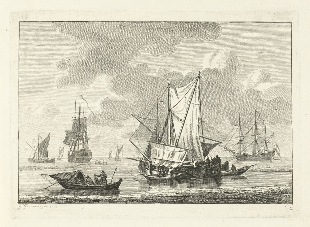 Vue de mer avec divers navires - Gerrit Groenewegen