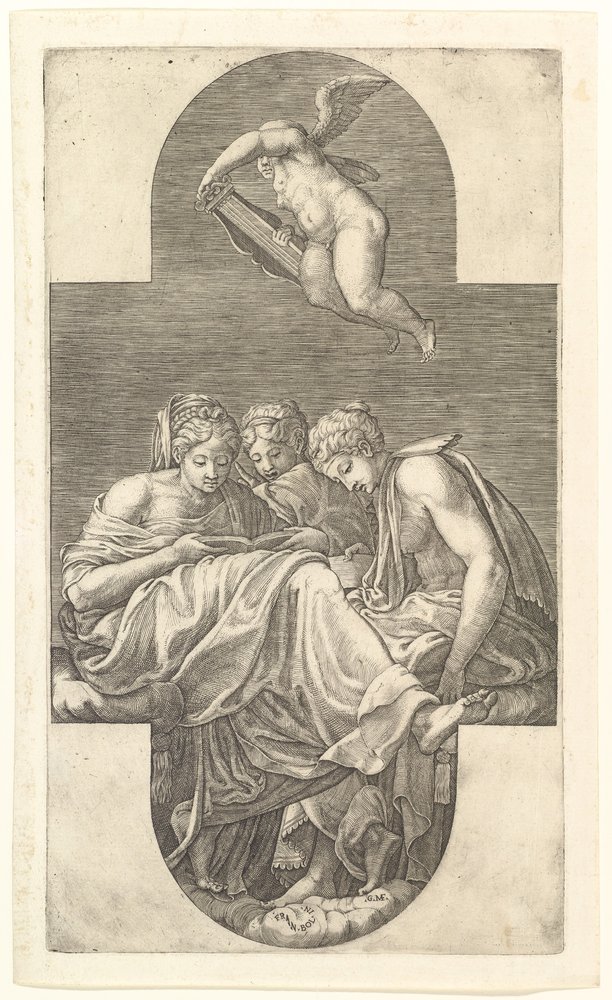 Trois muses et un putto avec une lyre, une composition cruciforme, d
