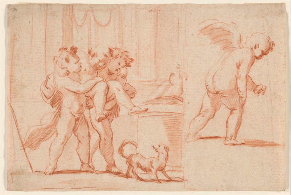 Deux putti portant un troisième putto; un autre putto de dos - Giulio Carpioni