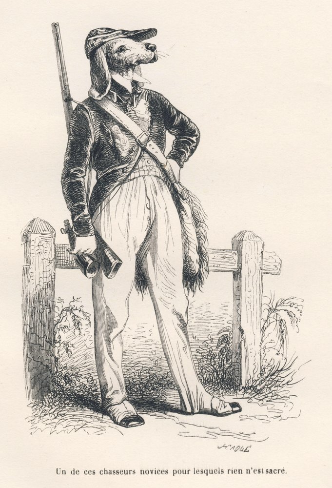 Chien en habits de chasse. Vignettes illustrées par JJ Granville. Gravure signée Caqué dans la partie intitulée "Souvenirs d