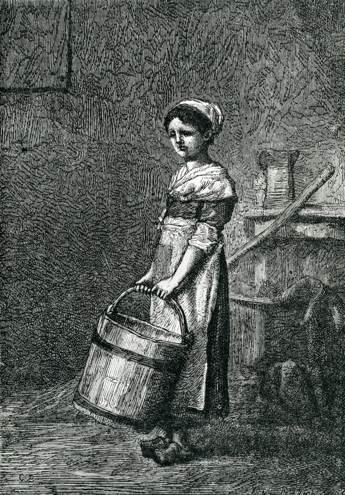 Cosette portant un seau, illustration de 'Les Misérables' de Victor Hugo