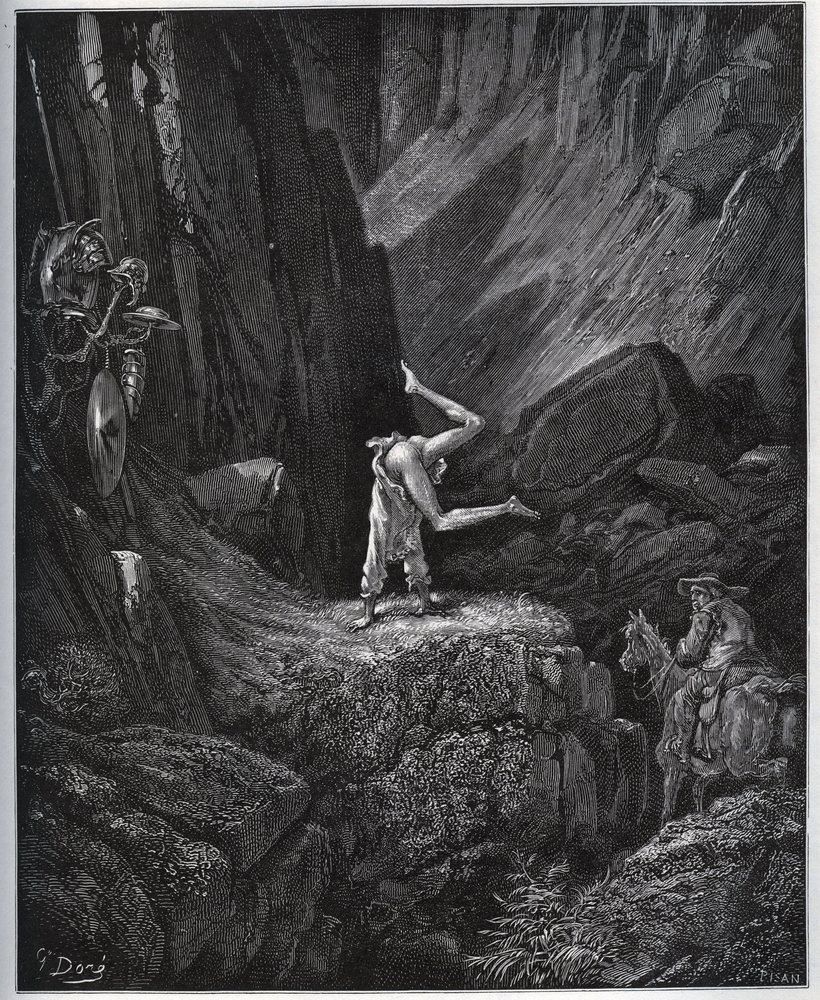 La pénitence acrobatique de Don Quichotte dans la Sierra Morena - de "Don Quichotte de la Manche" par Miguel Cervantes - Gravure sur bois d