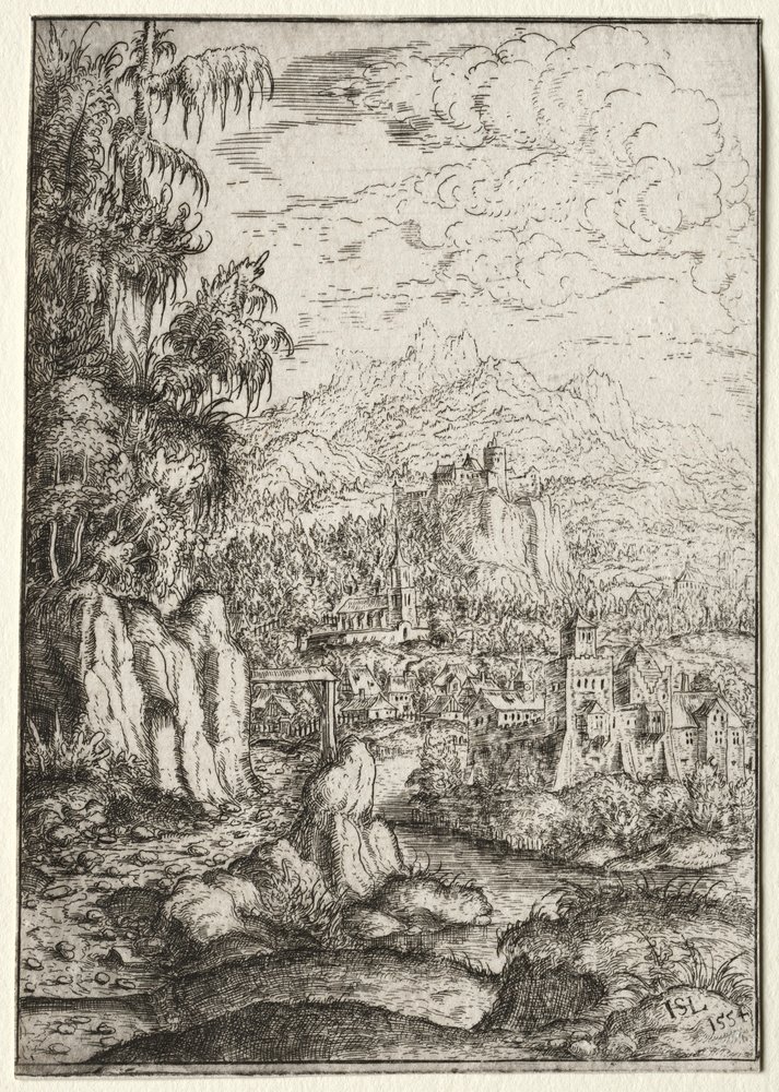 Paysage avec une route vers un château sur une île dans une rivière, 1554 - Hanns Sebald Lautensack