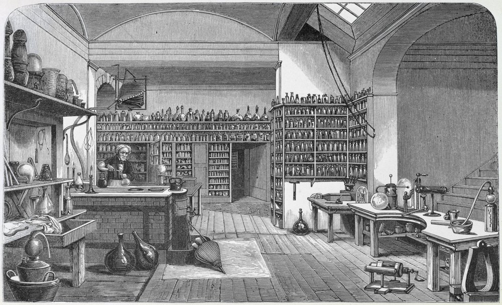 Michael Faraday (1791-1867) dans son laboratoire au sous-sol, tiré de «The Life and Letters of Faraday» de Henry Bence Jones, publié en 1870, 1869 - Harriet Jane Moore