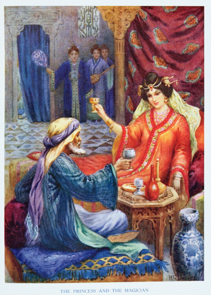 La princesse et le magicien, illustration tirée de "Children's Stories from the Arabian Nights", par Rose Yeatman Woolf, vers 1920 (lithographie en couleur). - Harry George Theaker