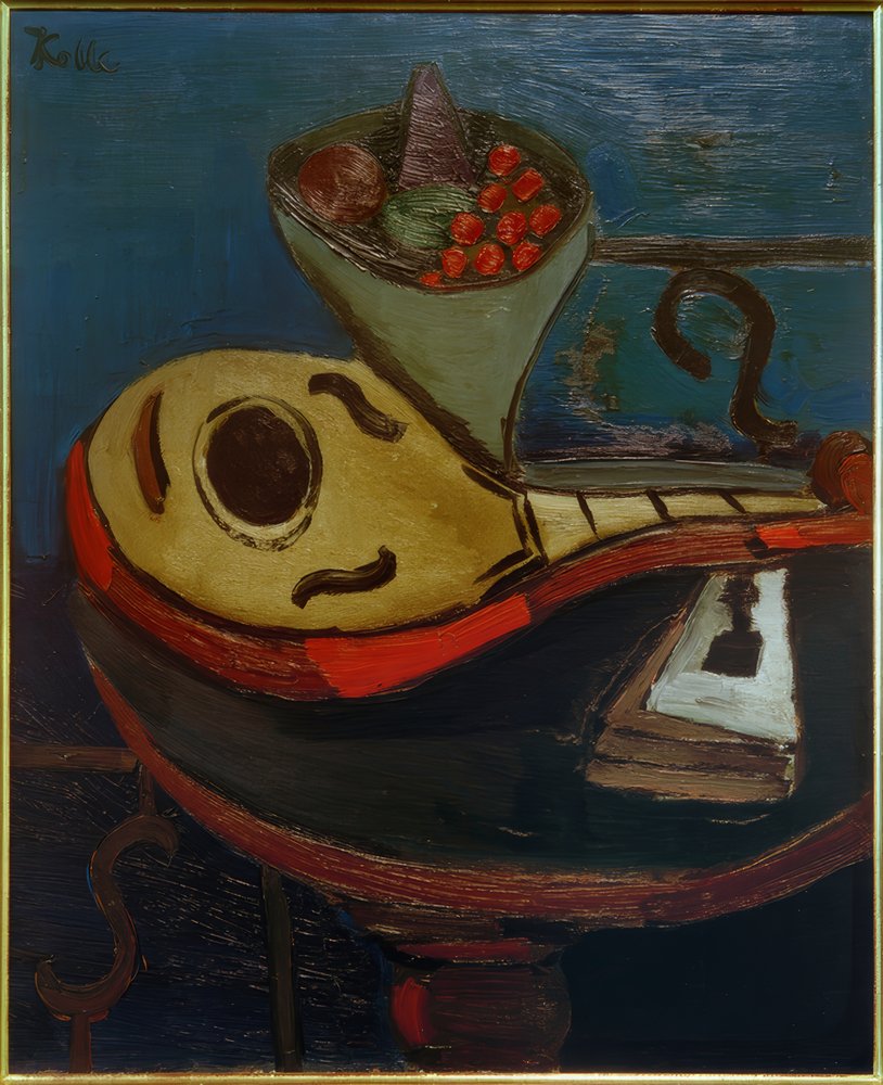 Nature morte : Mandoline et bol de fruits sur une table