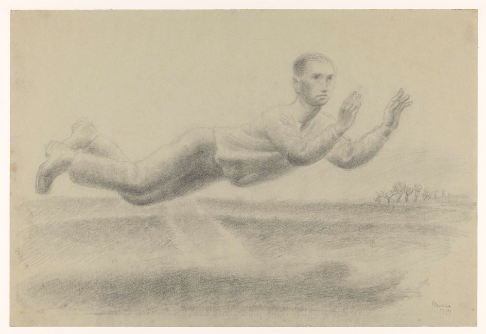 Autoportrait avec les mains levées flottant dans un paysage - Henk Henriët (signed by artist)
