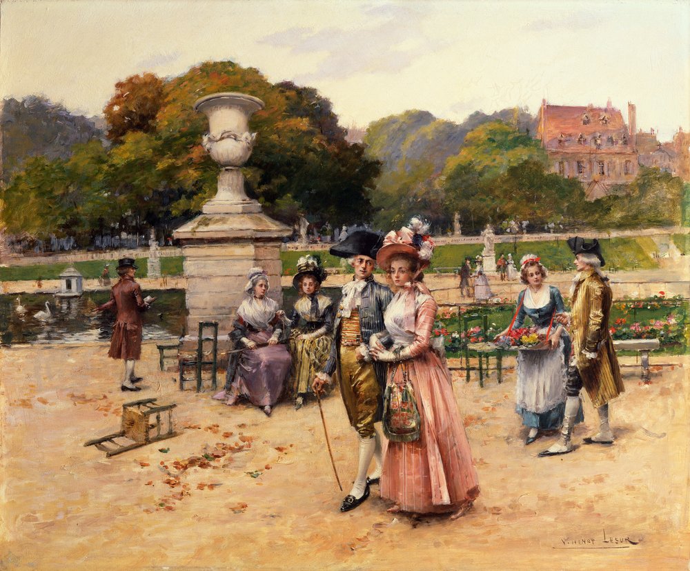 Figures élégantes se promenant dans un parc (huile sur panneau) - Henri-Victor Lesur