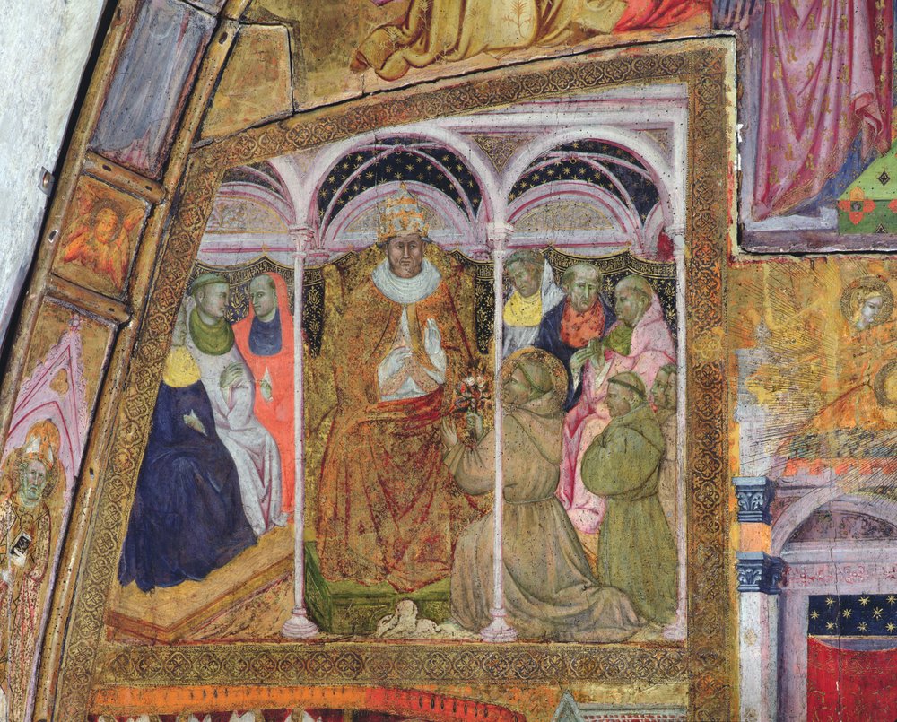 Saint François implorant le pape Honorius III de confirmer l’indulgence, fresque de la Portioncule, 1393 - Ilario da Viterbo