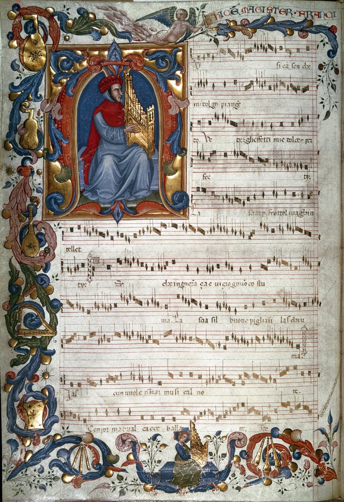 Portrait de Francesco Landino et une partition musicale, illustration du "Codex Squarcialupi", vers 1325-35 - Italian School
