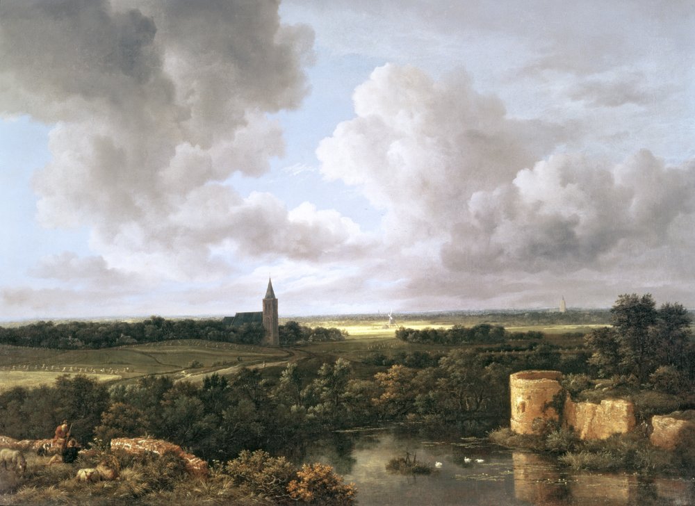 Tableau Toile "Paysage Avec Un Village" De Jacob Van Ruisdael - Cadre Inclus, Neuf