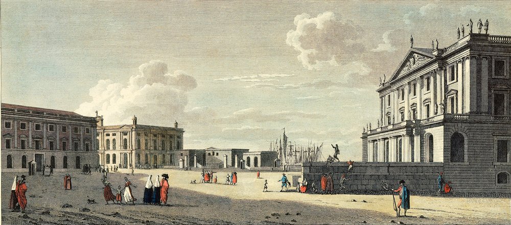 La Llotja, le palais du Capitaine Général des Douanes et la Porte de la Mer de Barcelone (gravure) - Jacques (after) Moulinier