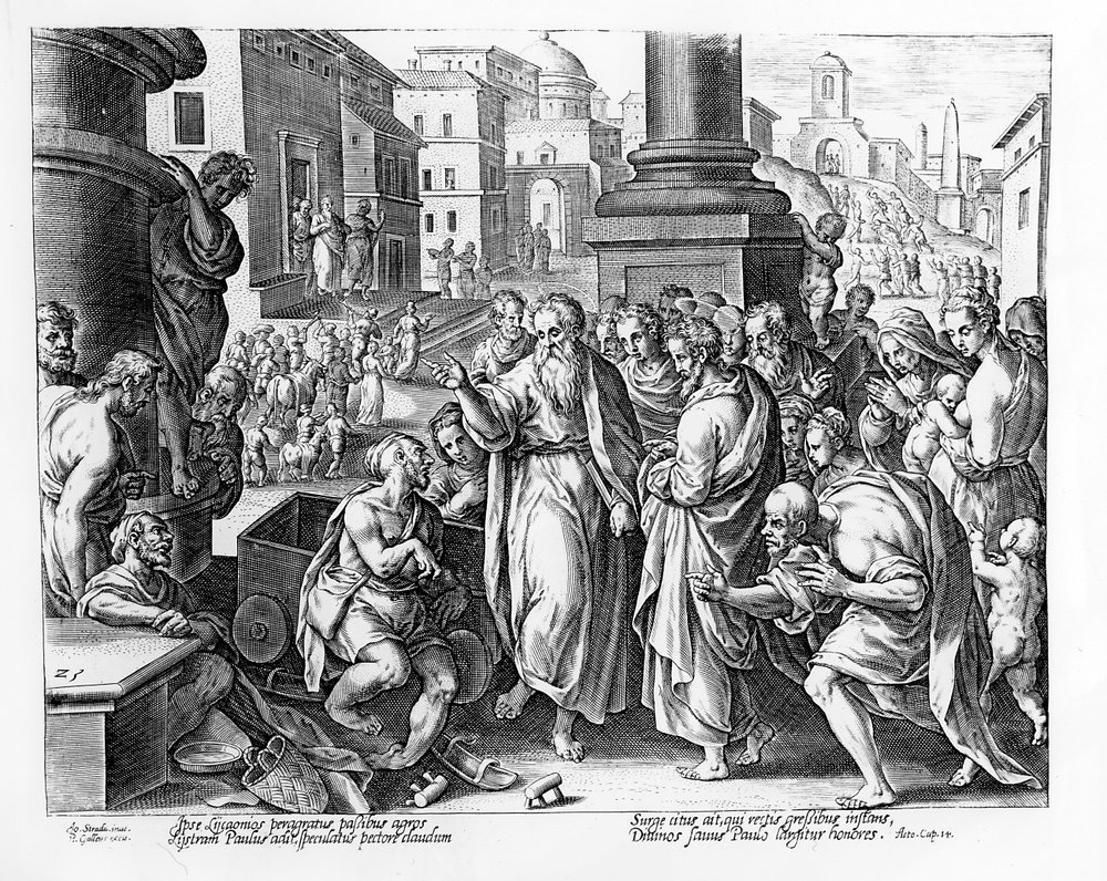Saints Paul et Barnabas prêchant à Lystre, gravé par P. Galleus