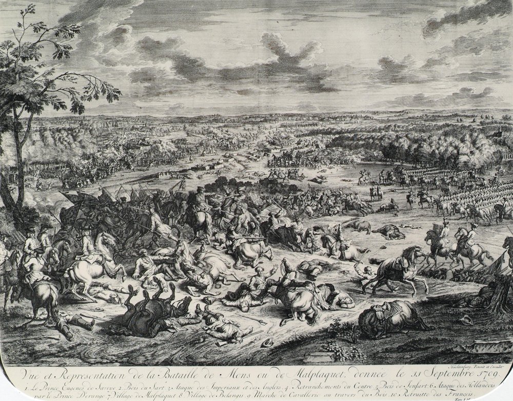 Images de batailles tirées de : Dumont et Rousset, Histoire militaire du Prince Eugène (1663-1736), suite de huit gravures sur cuivre - Jan van Huchtenburgh