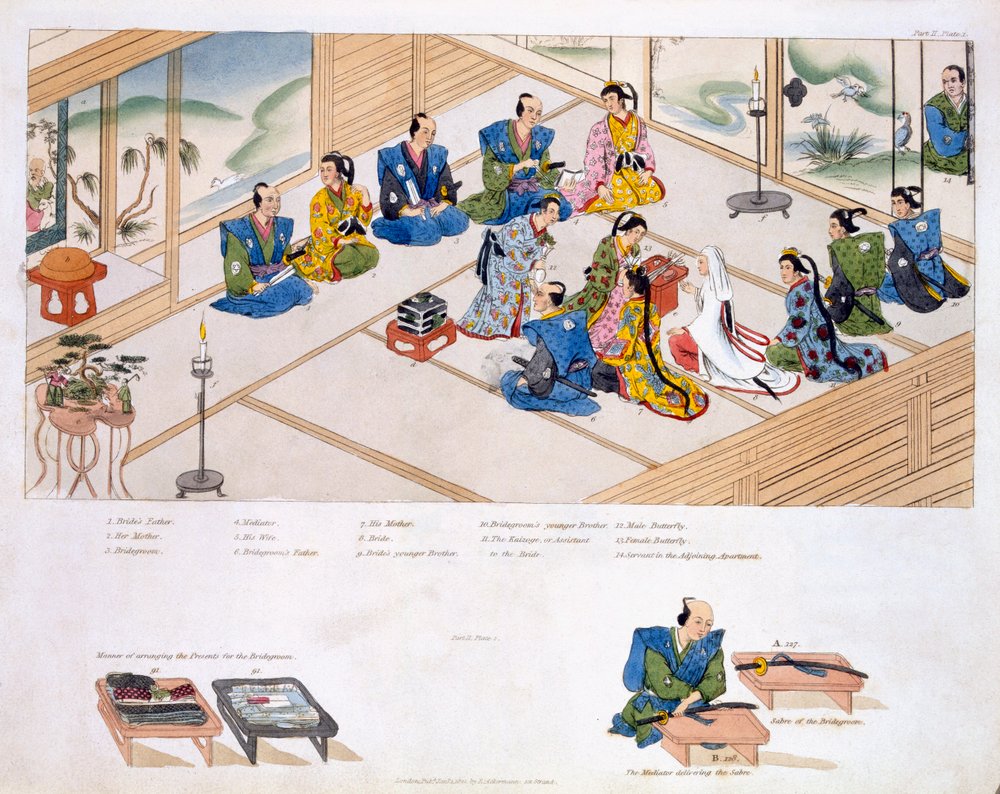 Mariage japonais : les deux familles se rencontrent, avec médiateur, pub. 1824 - Japanese School