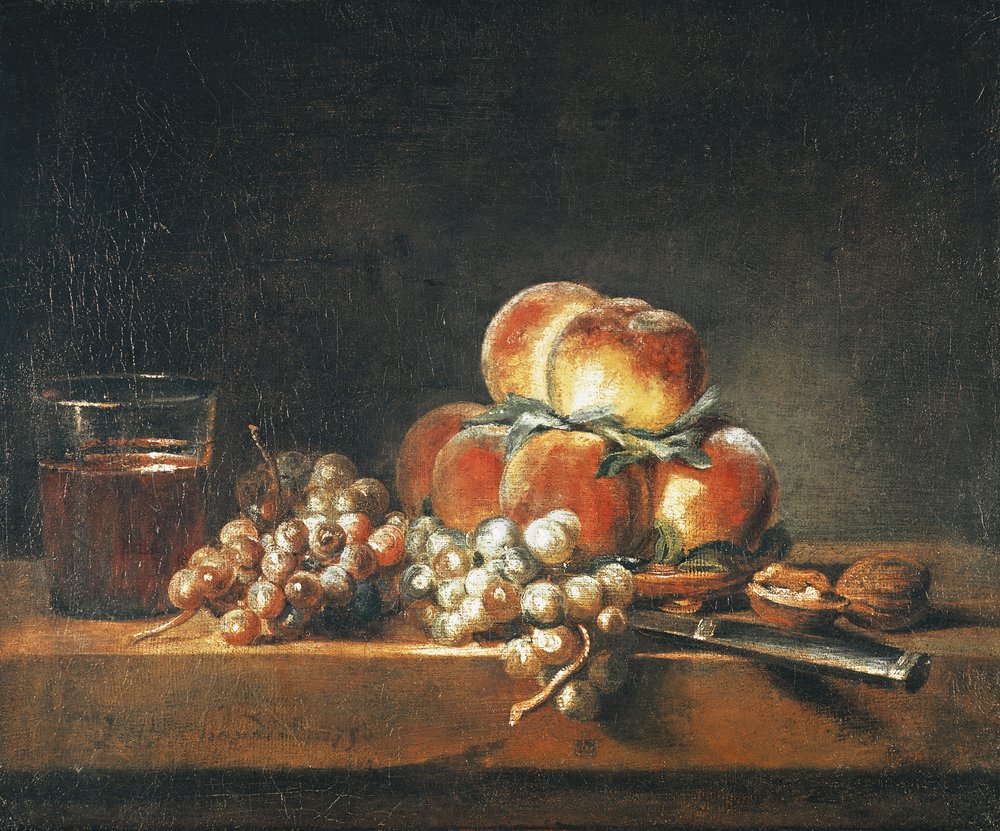 Nature morte de pêches, noix, raisins et un verre de vin, 1758