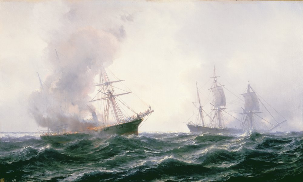 Un navire en feu en mer, avec un autre à proximité - Jean Baptiste Henri Durand-Brager