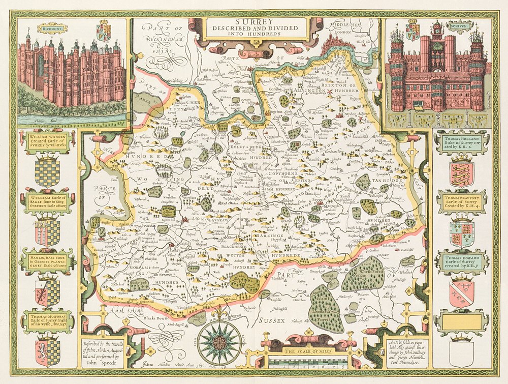 Carte du Surrey, gravée par Jodocus Hondius (1563-1612), extraite du Theatre of the Empire of Great Britain de John Speed, publié par John Sudbury et George Humble, 1611-12 - John Speed