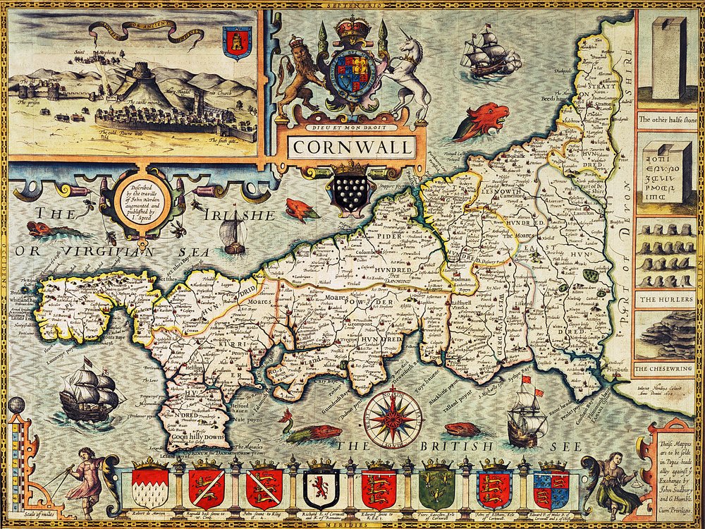 Carte des Cornouailles tirée du « Theatre of the Empire of Great Britain », publiée à Londres par George Humble, édition de 1627 - John Speed