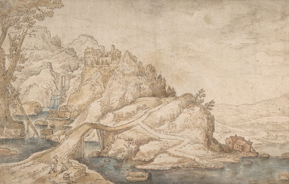 Paysage Vallonné avec Rivière, Pont et Maisons avec Deux Personnages à Gauche - Joos de Momper the Younger.