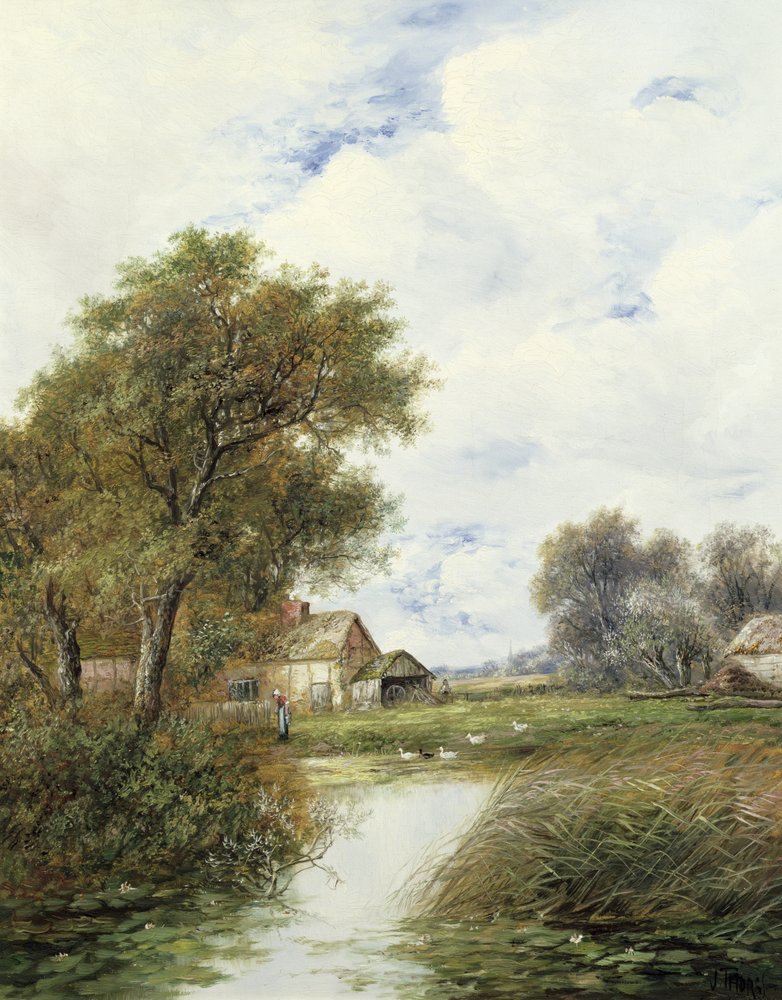 Étang avec des Canards et Ferme au Loin - Joseph Thors