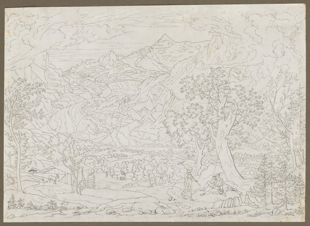 Le glacier de Grindelwald avec chasseur et paysanne au premier plan - Joseph Anton Koch