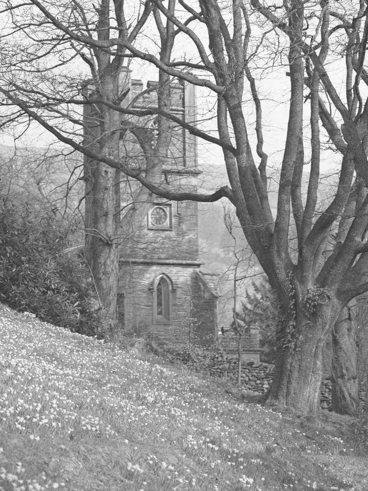Vue d'une église ; architecture ; religieuse ; ecclésiastique ; tour à travers les arbres - Joseph Hardman