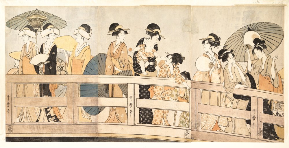 Profiter de la fraîche brise du soir sur et sous le pont - Kitagawa Utamaro