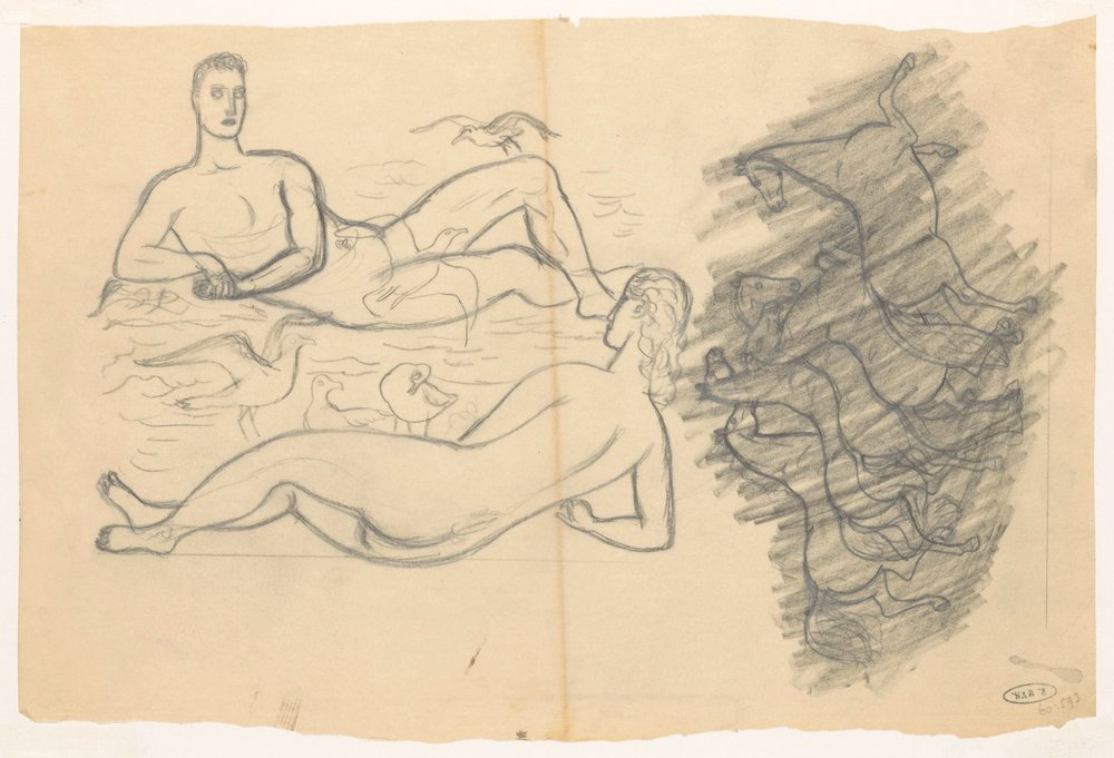 Homme et femme nus sur la plage, entourés de mouettes - Leo Gestel