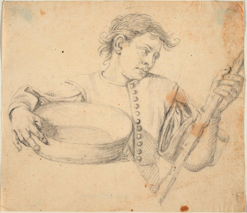 Garçon, mi-longueur, avec un plat et une canne - Lorenzo Lippi