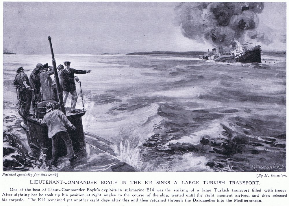Le capitaine de corvette Boyle, à bord du E14, coule un gros transport turc en 1915 (lithographie). - Margaret Dovaston