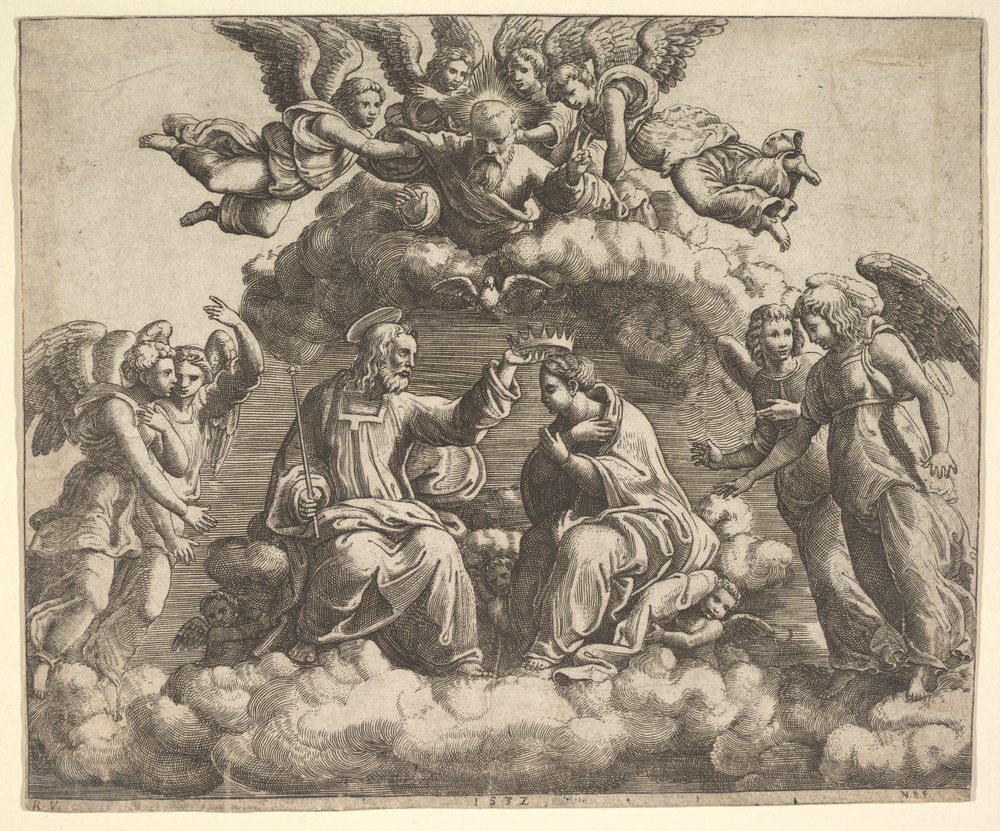 Le couronnement de la Vierge, le Christ tenant la couronne au-dessus de sa tête, Dieu le Père bénit..., 1532. - Master of the Die