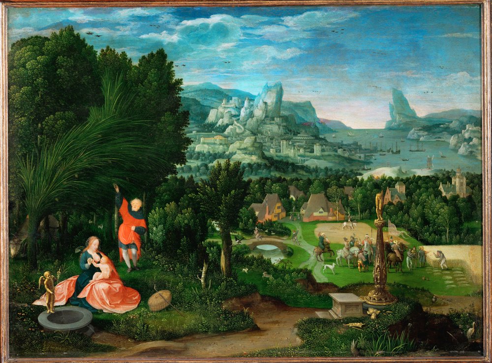 Paysage avec repos pendant la fuite en Egypte (peinture sur bois de chêne) - Master of the Half Figures