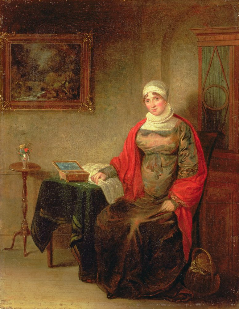 Portrait de Mme John Crome assise à une table avec une boîte à ouvrage ouverte - Michael William Sharp