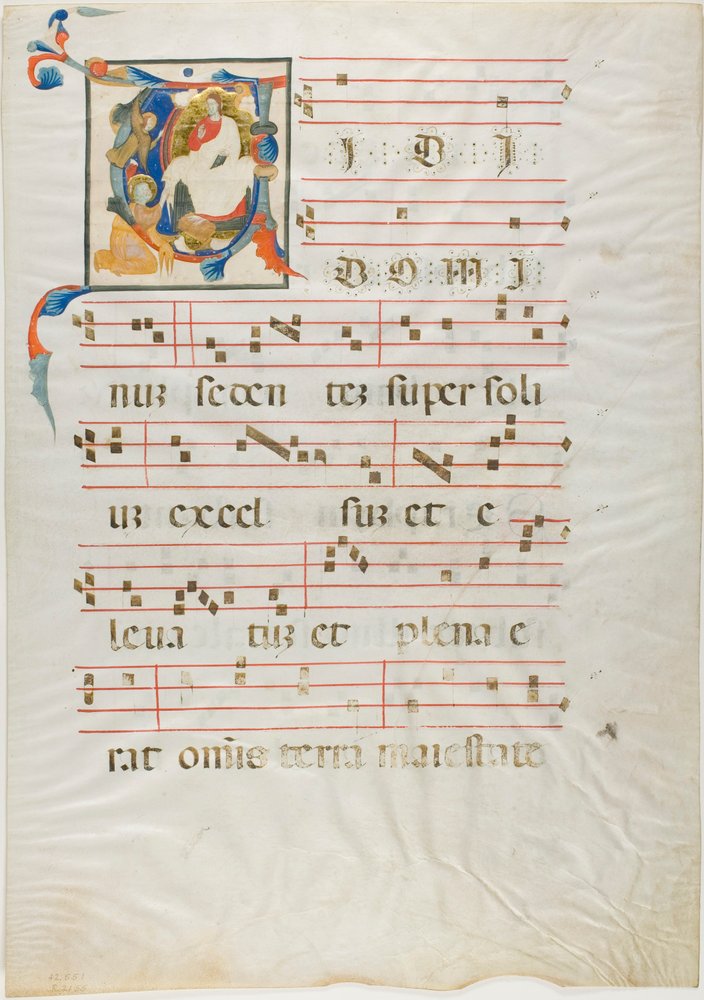 Saint agenouillé devant Dieu trônant dans une initiale historiée "V" d