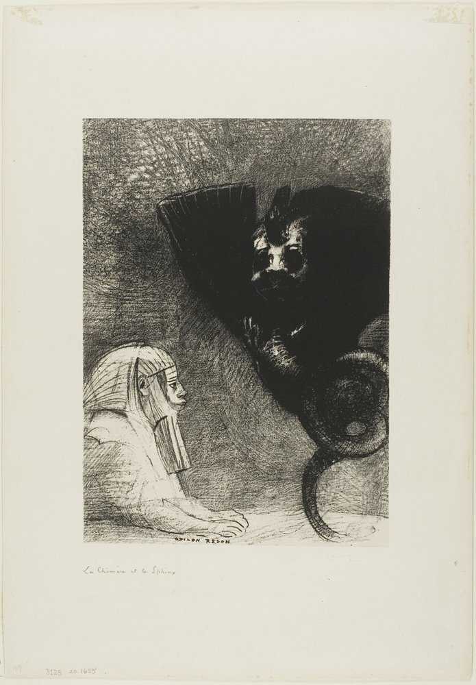 Le Sphinx : "...mon regard que rien ne peut détourner, traversant les objets, reste fixé sur un horizon inaccessible." La Chimère : "Quant à moi, je suis légère et joyeuse," planche 5 de À Gustave Flaubert - Odilon Redon