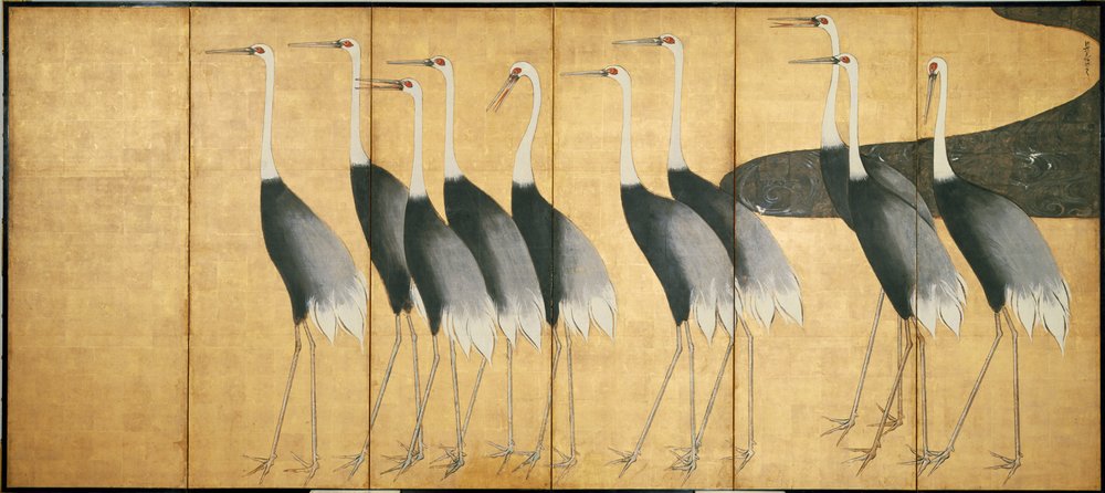 Paravent à six panneaux représentant des grues, période Edo - Ogata Korin