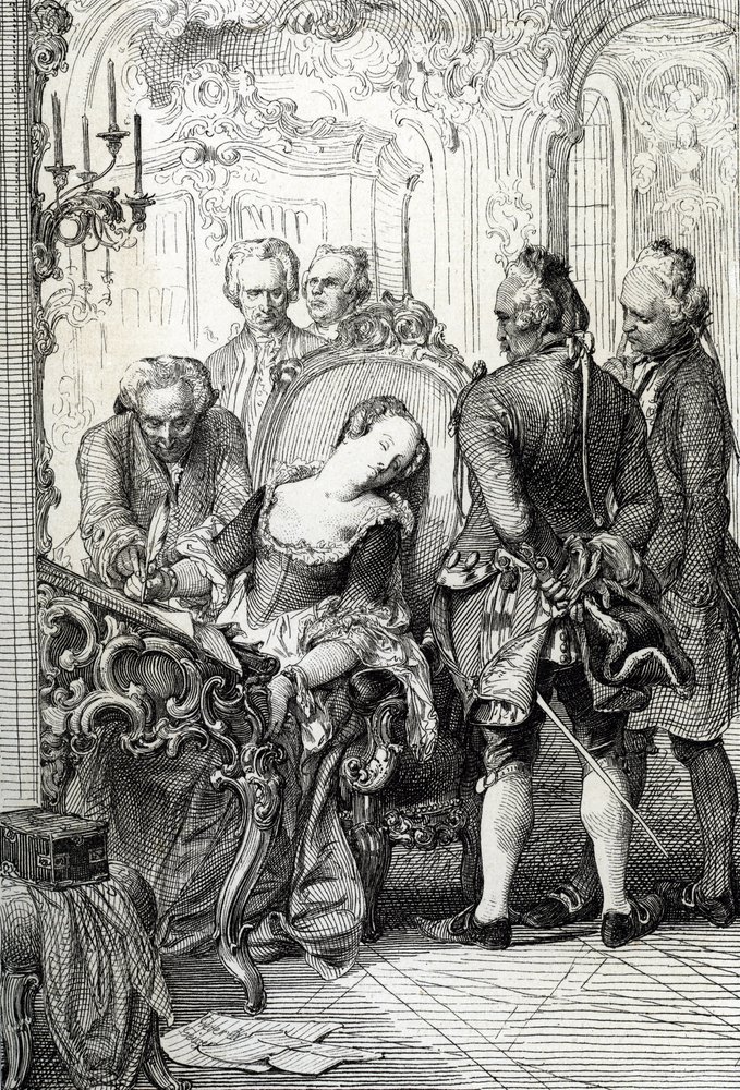 La reine Caroline Mathilde de Danemark (1751-1775), contrainte de signer les documents de divorce après sa liaison extraconjugale en 1772. Dessin à la plume - Peter Johann Nepomuck Geiger