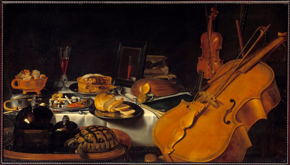 Nature morte avec instruments de musique, une tortue, une tourte, un verre de vin et du pain (1597-1661), école hollandaise, 1623, Sun. 0,69 x 1,22 m - Pieter Claesz