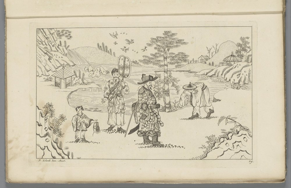 Vier Chinese figuren in een landschap - Pieter Schenk (II)
