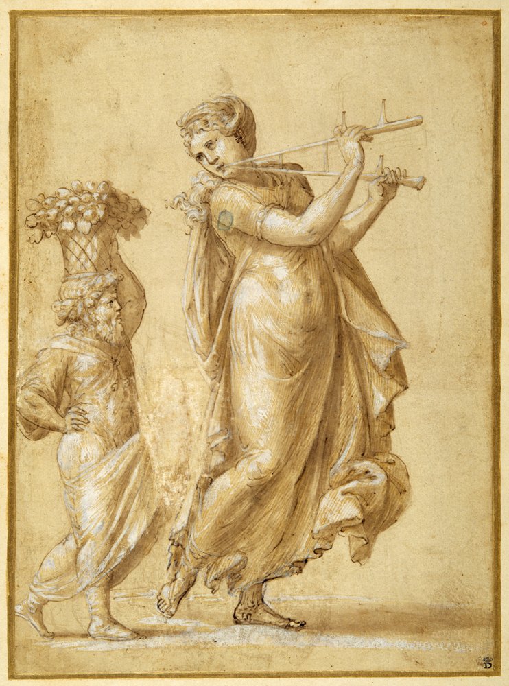 Femme jouant de la flûte, accompagnée d'un nain barbu canéphore (encre ...