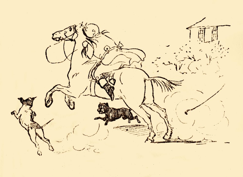 John Gilpin est poursuivi par des chiens alors que son cheval galope hors de contrôle, 1878, c1918 - Randolph Caldecott